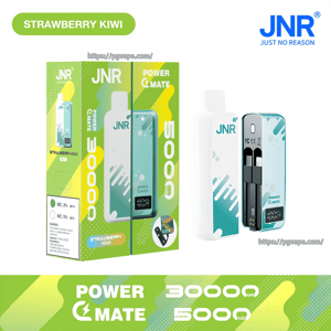 JNR Power Mate Strawberry Kiwi disposable vape packaging and device shown side by side, featuring green-and-teal graphics, an open pod compartment, and labels reading 5000 mAh and 30,000 puffs.