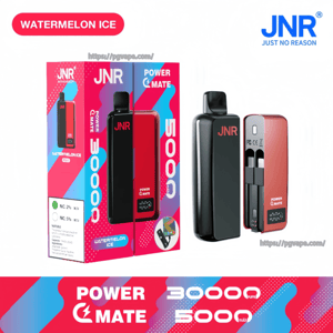 Colorful product image showing JNR Power Mate Watermelon Ice disposable vape: two sleek rectangular devices (black front, red back) beside vibrant packaging that highlights 5000 puffs/5000 mAh and the JNR 