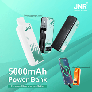 Teal promotional image showing several JNR (Just No Reason) 5000mAh power banks in white, mint and black, one opened to reveal concealed dual-charging cables and another connected to a smartphone against a green gradient background with the JNR logo.