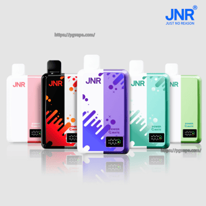 Row of six JNR rectangular pod vapes in pastel pink, black with red-orange pattern, white-purple, teal and green, each with a top mouthpiece, decorative splash graphics, a small digital display and JNR logo, reflected on a light gray surface with a JNR logo in the top right.