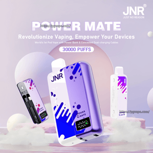 Three floating JNR Power Mate pod vape devices—a prominent purple-and-white unit with digital display and concealed charging port in front, flanked by black and white variants—set against a pastel lavender background with clouds and text reading Power Mate, Revolutionize Vaping, Empower Your Devices, and 30000 PUFFS