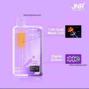 Purple promotional graphic of a translucent rectangular vape device showing an orange-highlighted 1.0Ω dual mesh coil and a bottom digital screen displaying battery percentage, with labels pointing to the coil and screen and a JNR 
