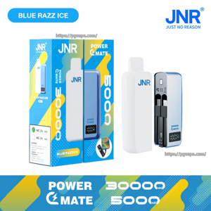 Blue-and-white JNR Power Mate 'Blue Razz Ice' vape device and matching colorful retail box, showing the device, an open internal view with two cartridge slots and a digital puff-counter display, and the JNR logo.