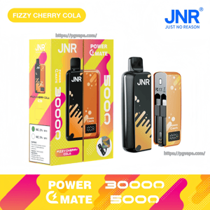 Bright yellow-and-pink product box and two JNR Power Mate vape devices — one glossy black front-facing and one orange opened to show internal pods and a small digital puff counter, labeled Fizzy Cherry Cola with JNR logo and 5000 puff branding.