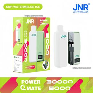 Bright green-and-pink retail box for JNR 'Kiwi Watermelon Ice' Power Mate next to two views of the rectangular white-and-mint vape—one intact with JNR logo and one with the mint back removed to reveal internal battery compartments and printed '5000 mAh' branding.