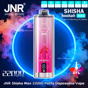 Pink metallic cylindrical JNR Shisha Hookah Max disposable vape centered against a dark background with a glowing blue neon ring and drifting purple, orange and blue smoke, with product text and icons showing 22,000 puffs, DTL hookah use, and the model name 'Lady Killa' visible.