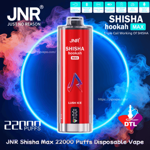Red JNR Shisha Hookah Max disposable vape labeled Lush Ice centered in a glowing blue ring with colorful smoke, the JNR logo and tagline, and icons noting 22,000 puffs, triple-coil/DTL features and battery info.
