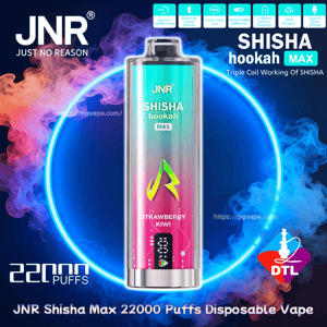 A metallic teal-to-pink JNR Shisha Hookah Max disposable vape centered inside a glowing neon-blue ring with colorful vapor plumes, labeled Strawberry Kiwi and marked 22000 puffs with feature icons around it on a dark background.
