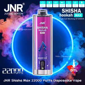 Cylindrical purple JNR Shisha Hookah Max disposable vape labeled “Berry Ice” centered against a glowing neon blue ring and red-blue smoke, with text and icons indicating 22,000 puffs, DTL logo, and device features.