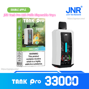 White JNR Tank Pro disposable vape with black mouthpiece and digital display shown beside its green 'Double Apple' box labeled 33,000 puffs and a nicotine warning.