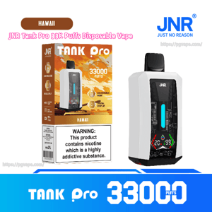 White-and-black JNR Tank Pro disposable vape with a visible digital display beside its orange 'Tank Pro 33,000 puffs' Hawaii-flavored box showing the JNR logo and a nicotine warning label.