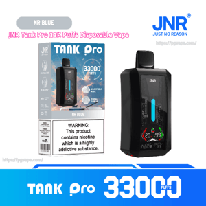 Boxed JNR Tank Pro disposable vape labeled MR BLUE and 33,000 puffs shown next to a glossy black pod device with a blue vertical digital display and a visible nicotine warning on the packaging.
