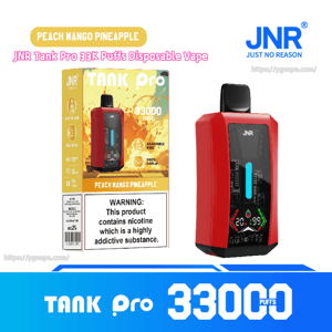 Red JNR Tank Pro disposable vape shown beside its yellow-and-white box labeled “Peach Mango Pineapple” and “33,000 puffs,” with a visible nicotine warning and JNR logo.