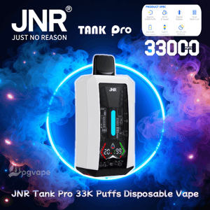 Vit-svart JNR Tank Pro engångsvape-enhet med ett munstycke och digital display centrerad inuti en glödande blå ring, omgiven av lila och blå ångmoln, med framträdande text som läser JNR Just No Reason, TANK Pro, 33 000 puffar och små produktspecifikationsikoner uppe till höger.