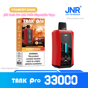 Red JNR Tank Pro disposable vape device with black mouthpiece displayed beside its Strawberry Banana box labeled 33,000 puffs and showing a prominent nicotine warning, brand logo, and blue 33,000 graphic at the bottom.