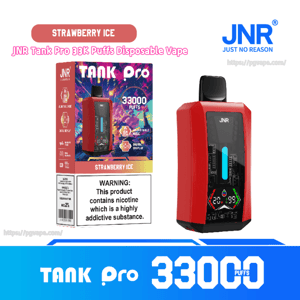 Red JNR Tank Pro disposable vape and its colorful 'Strawberry Ice' box showing '33000 puffs', a digital display on the device, and a nicotine warning label on the packaging.
