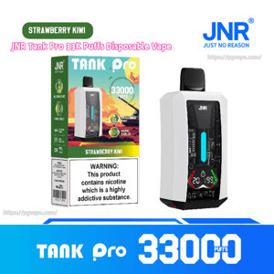 White JNR Tank Pro disposable vape with a black front panel shown beside its colorful Strawberry Kiwi packaging labeled 33,000 puffs and a prominent nicotine warning.