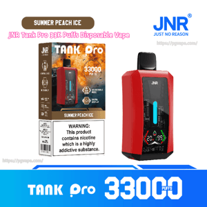 Red JNR Tank Pro disposable vape with black mouthpiece next to its Summer Peach Ice box displaying 'Tank Pro 33000 puffs', a digital display graphic and a prominent nicotine warning, with the JNR logo visible.