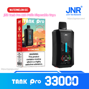 Black JNR Tank Pro disposable vape device shown beside its colorful boxed packaging labeled Watermelon Ice and 33,000 puffs, with a visible nicotine warning and JNR logo.