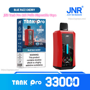 Red JNR Tank Pro disposable vape and matching box labeled Blue Razz Cherry and 33,000 puffs, showing a black mouthpiece, front digital display and icons, plus a visible nicotine warning stating the product contains nicotine and is highly addictive.