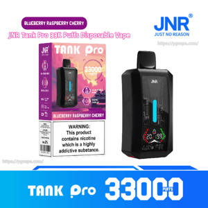 Black JNR Tank Pro disposable vape with a vertical digital display and mouthpiece, shown beside its pink-purple retail box labeled “Blueberry Raspberry Cherry” and “33,000 puffs.”