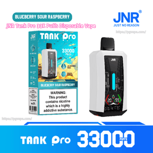 White JNR Tank Pro disposable vape with black front digital display and mouthpiece shown next to its turquoise-and-yellow box labeled Blueberry Sour Raspberry and 33,000 puffs, including a nicotine warning and JNR branding.