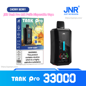 Black JNR Tank Pro disposable vape with a vertical blue digital display shown beside its Cherry Berry box labeled 