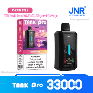 Black JNR Tank Pro disposable vape beside its pink-and-purple Cherry Cola box labeled “TANK Pro 33000 puffs,” showing the device’s digital display and a front nicotine addiction warning panel.