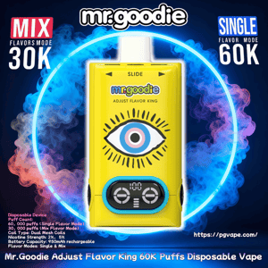 Yellow Mr.goodie 'Adjust Flavor King' disposable vape featuring a stylized eye graphic and a small digital display, centered inside a neon blue circular smoke ring and flanked by bold 'MIX 30K' and 'SINGLE 60K' flavor-mode labels with product text and website information at the edges.