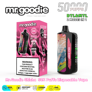 Pink Mr. Goodie Cola Gummy disposable vape box alongside the matching black device with a colorful side panel, showing branding and labels for DTL & MTL 2 modes, a 50K-puff claim, nicotine warning, and icons for mega display, adjustable airflow, 1100 mAh battery and 40 ml e-liquid.