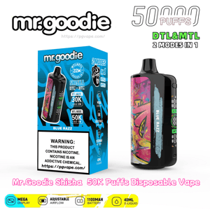 Mr.goodie Blue Razz disposable vape and packaging showing a black pod-style device with a colorful graffiti panel, '50,000 puffs' branding, DTL & MTL 2-in-1 mode, 40 mL e-liquid, 1100 mAh battery and a nicotine warning on the box.