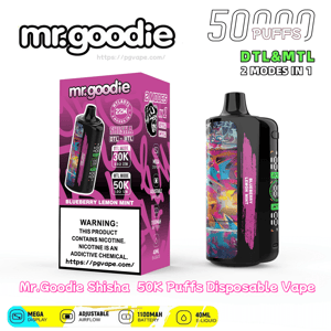 Black Mr. Goodie Shisha disposable vape with a colorful graffiti-style side panel labeled Blueberry Lemon Mint shown beside its pink product box advertising DTL & MTL 2-in-1 modes, 50K puffs, 1100mAh battery, 40ml e-liquid, and a nicotine warning.