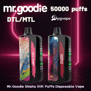 Two black Mr. Goodie disposable vape devices with colorful abstract side panels labeled Cola Gummy and Watermelon Bubble Gum centered against a neon pink grid and glowing lines background with 'mr.goodie 50000 puffs' and 'DTL/MTL' branding above.
