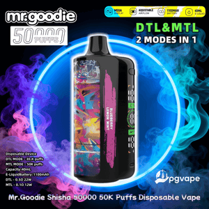 Promotional image of a Mr. Goodie black cylindrical disposable vape with a colorful graffiti panel centered inside a glowing blue ring, surrounded by purple and teal vapor and text calling out 50,000 puffs, DTL & MTL 2-in-1 modes, 40mL e-liquid capacity and 1100mAh battery.