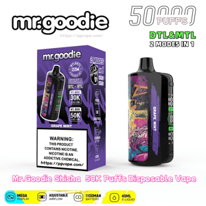 Black and purple Mr. Goodie Shisha disposable vape and matching box with a colorful graffiti panel labeled Grape Mint, advertising 50K puffs, DTL/MTL modes, 40ml e-liquid and a nicotine warning.