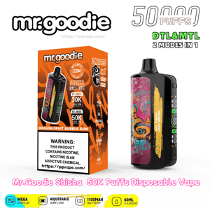 Mr.Goodie disposable vape device with colorful dragon-fruit bubble gum artwork displayed next to its orange retail box bearing the mr.goodie logo, a nicotine warning panel, claims of 50,000 puffs and DTL & MTL 2-in-1 modes, and icons for features like adjustable airflow, 1100mAh battery and 40mL e-liquid.