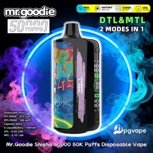 Black Mr. Goodie disposable vape device with a colorful graffiti-style side panel centered against neon blue and purple smoke, showing a small display and labels reading 50,000 puffs, DTL & MTL 2 modes, 40 mL e-liquid and 1100 mAh battery.