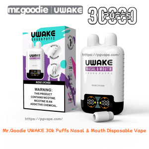 White UWake 'Nasal & Mouth' disposable vape and matching box for Rose Lychee flavor labeled '30,000 puffs', showing a dual-ended mouth/nasal design with a detached mouthpiece, a digital puff counter on the device, and a prominent nicotine warning on the colorful product packaging.