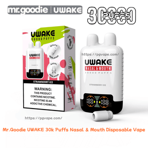 White Mr. Goodie UWAKE nasal & mouth disposable vape device with two-pronged tips beside its strawberry ice box showing '30,000 puffs', dual nasal and mouth inhalation icons, nicotine warning label, and a digital puff counter on the device.