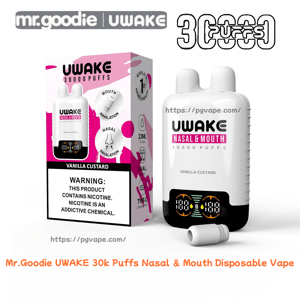 Product photo of Mr. Goodie UWAKE disposable vape and packaging: a white twin‑nozzle device labeled 