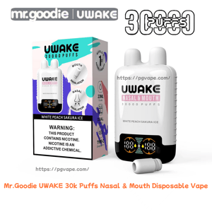 Packaging and white disposable UWake nasal & mouth vape device with dual-top inhalation tips beside its colorful box labeled UWake 30000 puffs, flavor White Peach Sakura Ice, digital puff display on the device and a nicotine warning on the box.