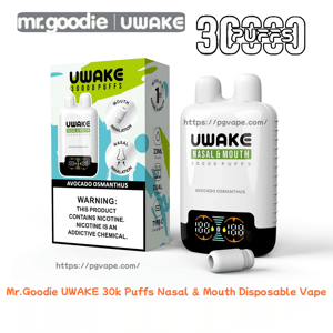 White and black UWAKE nasal-and-mouth disposable vape labeled “Avocado Osmanthus” next to its green-and-white box advertising 30,000 puffs and a nicotine warning, showing a dual-tip mouthpiece, a small digital display on the device, and a detached white mouthpiece in front.