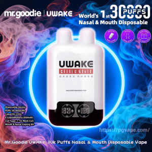 White UWAKE disposable vape with dual nasal-and-mouth nozzles centered on a glowing blue ring against purple and blue smoke, surrounded by branding and text reading World's 1st 30,000 puffs Nasal & Mouth Disposable, icons for mouth and nasal inhalation, and specs listing 30,000 puffs, 23mL capacity and 850mAh battery.