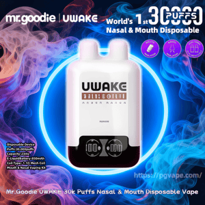 White UWAKE dual-port disposable vape with two top inhalation nozzles and a black base, centered inside a glowing blue ring against swirling purple and blue vapor, surrounded by brand logos and text announcing 