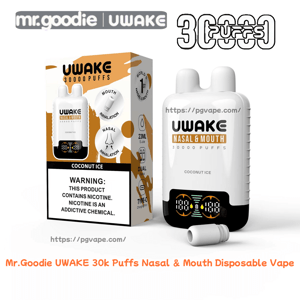 White and orange Mr. Goodie UWAKE product image showing a white dual nasal-and-mouth disposable vape with two prongs, digital puff counter on its black base, a small detached mouthpiece, and a matching box labeled Coconut Ice, 30,000 puffs, a nicotine warning, and a website URL.