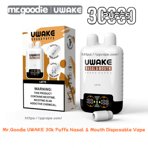 White UWAKE nasal-and-mouth disposable vape with dual nostril mouthpiece, black digital puff-counter base and a detached nasal tip, shown next to tan-and-white packaging labeled UWAKE 30000 PUFFS and Latte with icons for mouth and nasal inhalation, a nicotine warning, and mr.goodie branding.