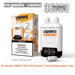 White Mr.Goodie UWAKE nasal-and-mouth disposable vape device with two rounded nostril-like tips and a small digital puff counter, shown beside its orange-and-white Melon Ice box labeled 30,000 puffs, 23 ml dual-tank and nicotine warning, on a white background.