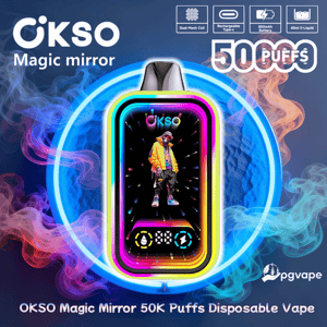 Bright advertisement for an OKSO Magic Mirror disposable vape showing a rainbow-lit, mirror-like device with a screen displaying a person in a yellow jacket, surrounded by a glowing blue neon ring and swirling multicolored vapor, with product badges for dual mesh coil, rechargeable Type‑C, 850mAh battery, 40ml e-liquid and a '50K puffs' claim.
