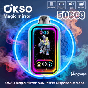 Bright rainbow‑framed OKSO Magic Mirror disposable vape with a digital screen showing a neon skeleton figure, surrounded by swirling blue and pink vapor and icons noting dual mesh coil, Type‑C recharge, 850mAh battery and 40ml e‑liquid and the label OKSO Magic Mirror 50K Puffs.