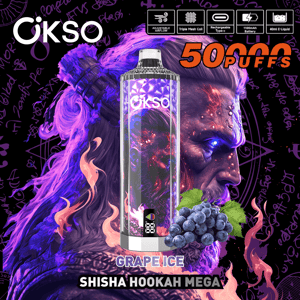 Promotional image for OKSO Grape Ice Shisha Hookah Mega featuring a tall metallic purple vape device centered against a swirling purple and orange background with grapes at the base, bold orange “50,000 puffs” text at the top right and icons denoting adjustable airflow, triple mesh coil, Type‑C rechargeability, 1100mAh battery and 40ml e‑liquid.